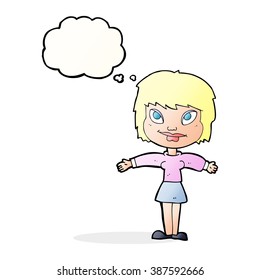 cartoon woman with open amrs with thought bubble