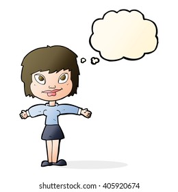 cartoon woman with open amrs with thought bubble