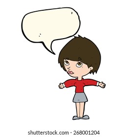 cartoon woman with open arms with speech bubble