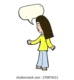 cartoon woman with open arms with speech bubble