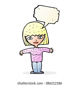 cartoon woman with open arms with speech bubble