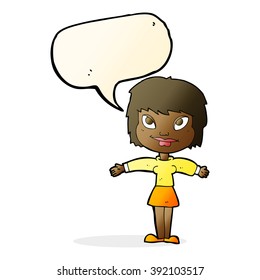 cartoon woman with open arms with speech bubble