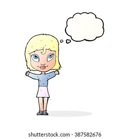 cartoon woman with open arms with thought bubble