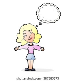 cartoon woman with open arms with thought bubble