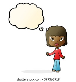 cartoon woman with open arms with thought bubble