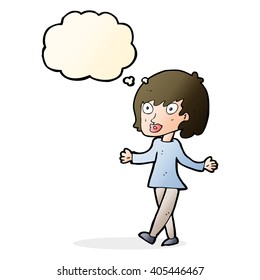 cartoon woman with open arms with thought bubble
