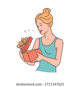Cartoon woman opening a present with excited and happy face - elegant blonde girl holding striped gift box with ribbon. Flat vector illustration isolated on white background.