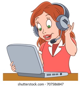 Cartoon woman operator of call center, working in customer service department. Colorful book page design for kids and children.