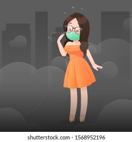 Cartoon Woman In Orange Dress Wears A Protective Mask Her Nose Because Of A Bad Smell. Against City Background. Poor Quality Of Life In The City. PM2.5