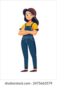 a cartoon woman in overalls standing with her arms crossed