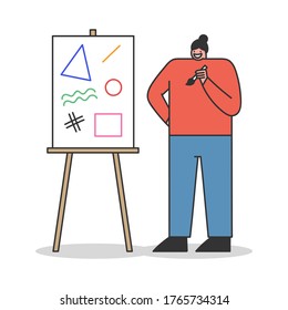 Cartoon woman painting abstract geometric shapes art on professional easel. Female contemporary artist creating picture. Young funny creative girl doing art. Flat vector illustration.