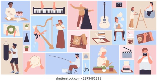 Cartoon woman painting and planting, girls play harp, man baking, fishing and boxing in geometric square collage background. Workshop, creation activity and hobby of people set vector illustration