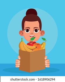 cartoon woman with paper bag with fruits over blue background, colorful design, vector illustration