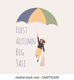 Cartoon woman with a paper shopping bag and an umbrella. Happy girl with big package. Flat vector illustration with copy space for text. Template for monsoon sale. Concept of promotion banner.