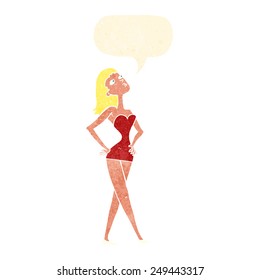cartoon woman in party dress with speech bubble