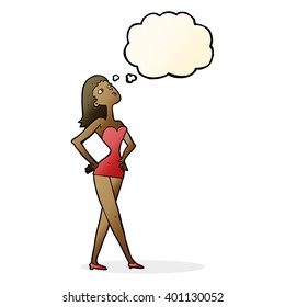 cartoon woman in party dress with thought bubble
