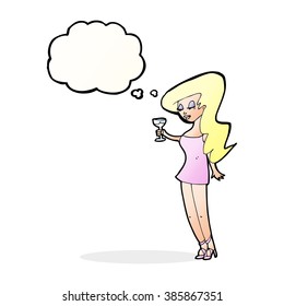 cartoon woman at party with thought bubble
