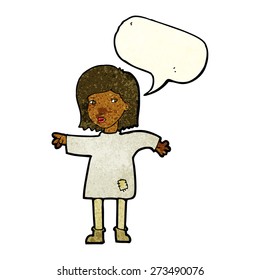 cartoon woman in patched clothing with speech bubble