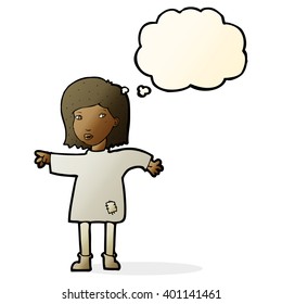cartoon woman in patched clothing with thought bubble