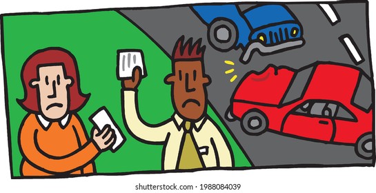 cartoon of a woman paying fine for accident