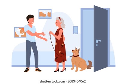 Cartoon woman pet owner holding out dog leash to young man worker, standing at door of house. Domestic animal daycare, dog sitter, training concept. Professional dog walker service vector