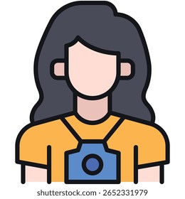 Cartoon Woman Photographer with Dark Hair and Blue Camera Icon