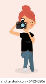 Cartoon woman photographer taking photos. Vector illustration.