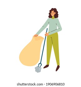 Cartoon Woman Picking Up Garbage From Street With Trash Picker Tool Into Plastic Bag. Litter Cleaning Volunteer Smiling And Working - Flat Isolated Vector Illustration