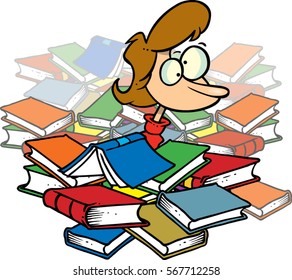 cartoon woman in a pile of books