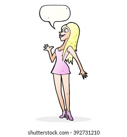 cartoon woman in pink dress with speech bubble