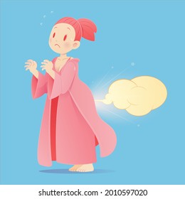 Cartoon Woman In Pink Nightgown Farting, Vector, Funny Face Cartoon, Illustration