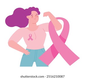 cartoon woman and pink ribbon for breast cancer awareness