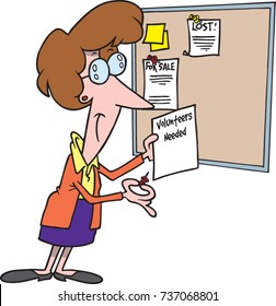 cartoon woman pinning up a flier on a bulletin board