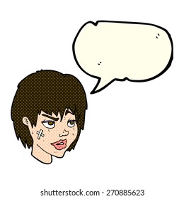 cartoon woman with plaster on face with speech bubble