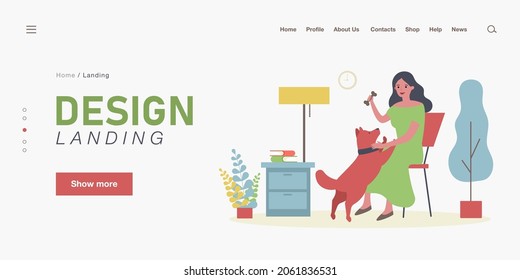 Cartoon woman playing with dog at home. Flat vector illustration. Female character spending time with pet, training dog, giving commands. Pet, play, training, animal concept for banner design