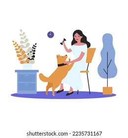 Cartoon woman playing with dog at home. Flat vector illustration. Female character spending time with pet, training dog, giving commands. Pet, play, training, animal concept