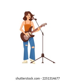 Mujer caricaturista tocando ilustración vectorial de guitarra eléctrica. Persona guitarrista femenina actuando con instrumento musical en la calle sobre fondo blanco. Música, concepto de actuación