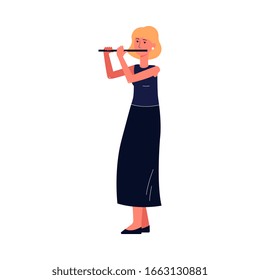 Cartoon woman playing the flute isolated on white background. Young blonde girl standing in black dress holding musical instrument and playing music. Flat vector illustration