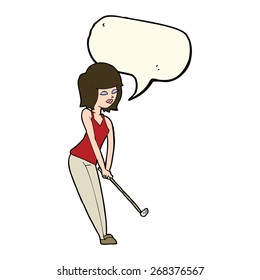 cartoon woman playing golf with speech bubble