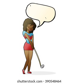 cartoon woman playing golf with speech bubble