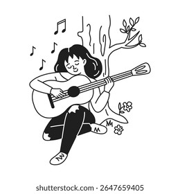 Cartoon woman playing guitar with peaceful expression under tree. Music notes float around her. Black and white drawing with simple lines and serene mood.