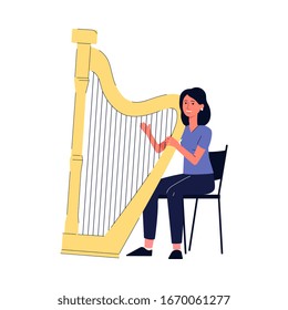 Cartoon woman playing the harp - young harpist girl sitting on chair with giant musical instrument plucking the strings with fingers. Isolated flat vector illustration