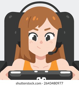 Cartoon woman playing mobile games with headset in chair