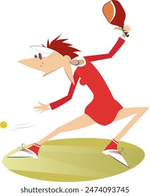Cartoon woman playing pickleball. 
Cartoon woman plays pickleball. Isolated on white background

