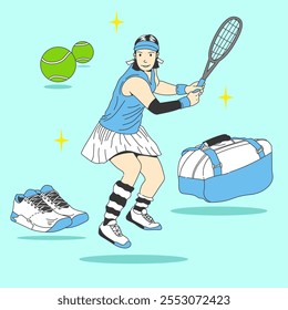 cartoon of a woman playing tennis and the usual items she carries when playing tennis such as tennis balls, sports bags and shoes