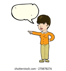 cartoon woman pointing finger of blame with speech bubble