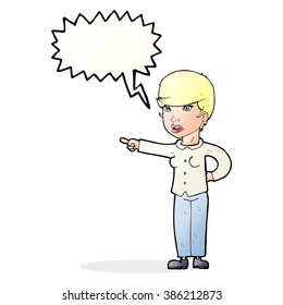 cartoon woman pointing finger of blame with speech bubble