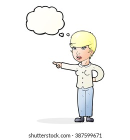 cartoon woman pointing finger of blame with thought bubble