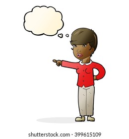 cartoon woman pointing finger of blame with thought bubble