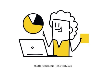 Cartoon woman is pointing at a pie chart on a laptop. She is smiling and holding a sticky note. Hand drawn vector illustration. Black and white.